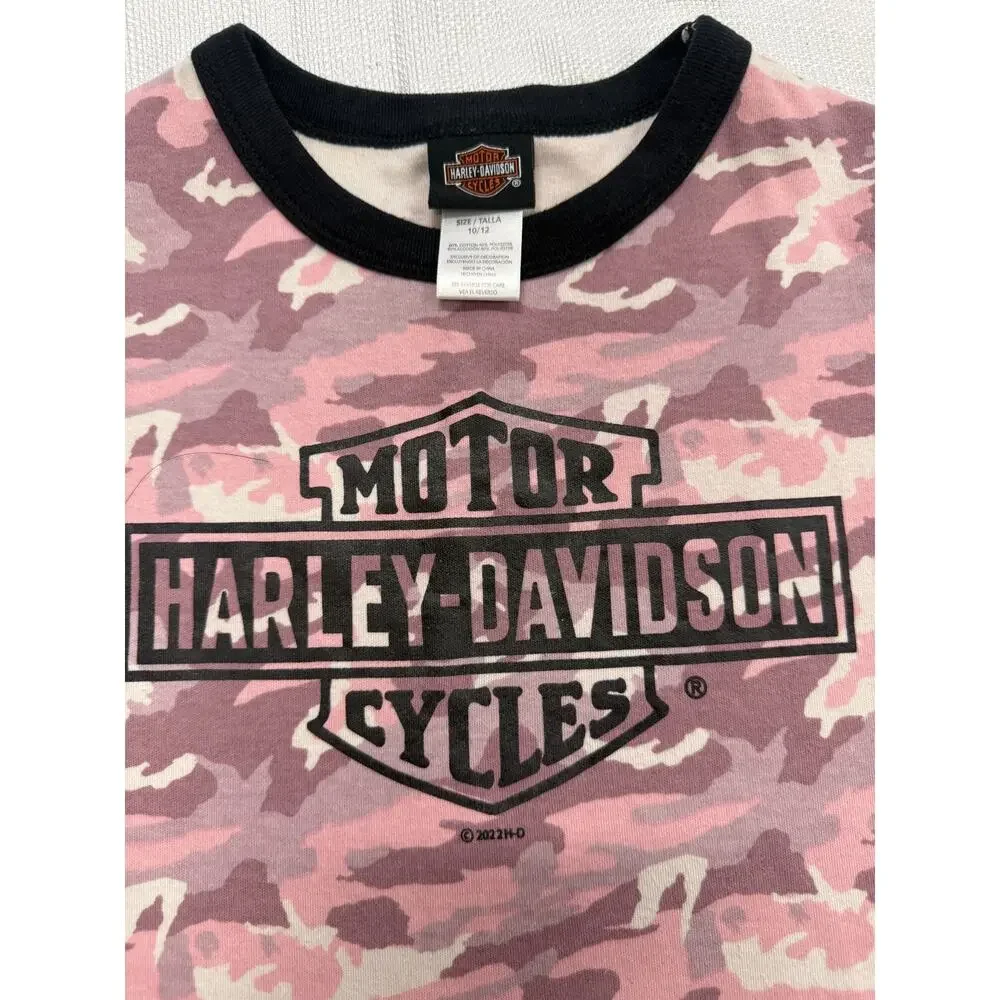 Harley-Davidson Youth Girls Pink Camo Logo T-Shirt Size 10/12 Short Sleeve